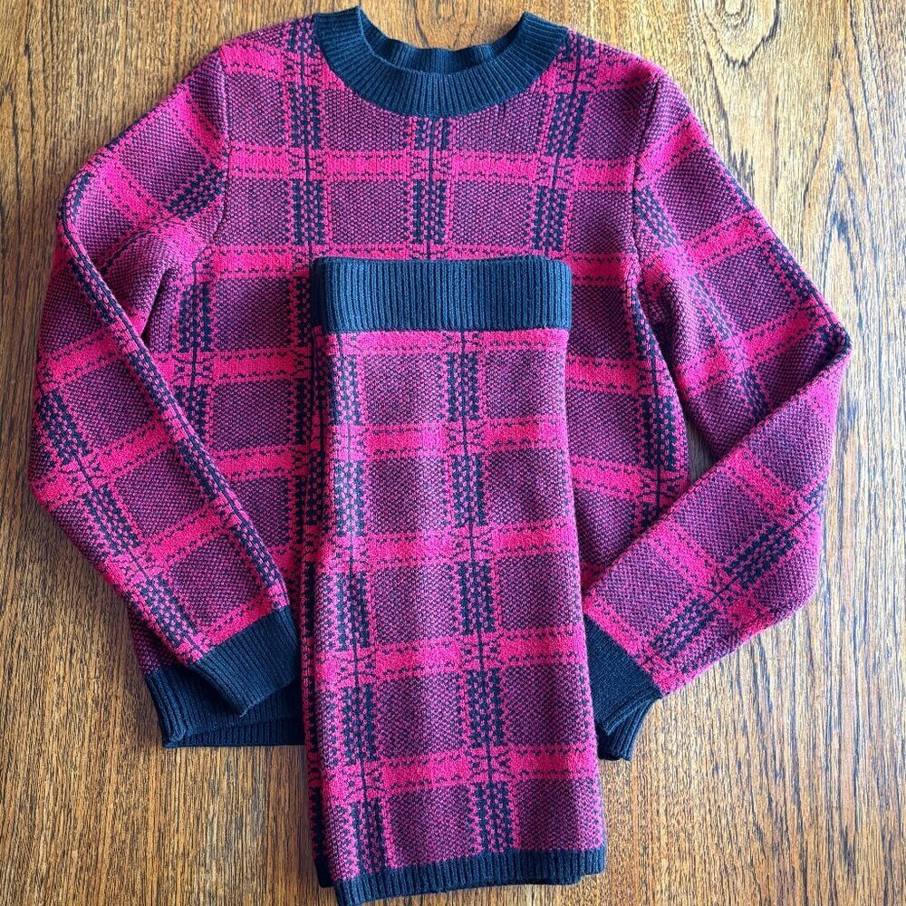 2 piece knit red and black sweater and skirt set